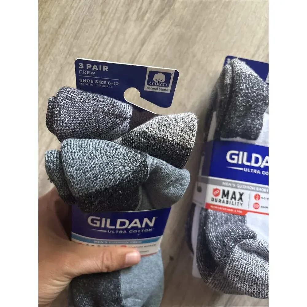 Gildan Men's Stretch 3PK Cotton short/ Crew arch Socks Shoe Size 6-12 Lot X2